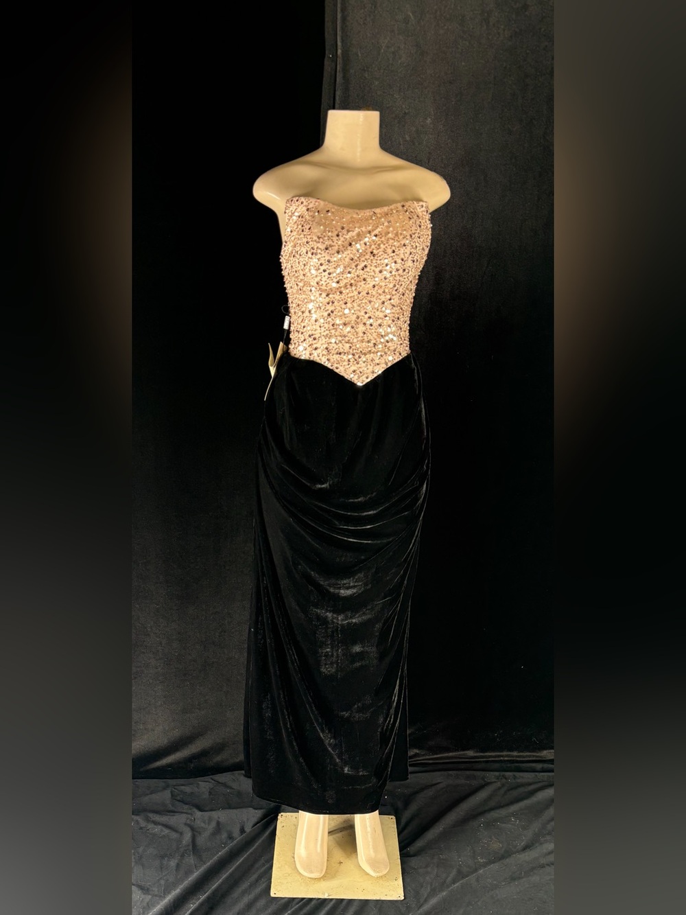 Strapless Black Velvet Gown with Blush Sequin Bodice